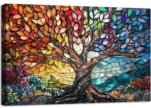 Marco de Madera Cuadro Modernos Cristal Gemas de Colores Árbol de la Vida Cuadros Decorativos Lienzo Pintura Imagen Rojo Amarillo Azul Marrón Cuadros Decoracion Salon Baño Dormitorio Pasillo 30x40cm