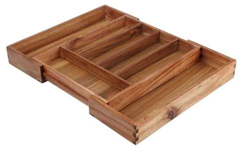 Carousel Home Expandable Wooden Cutlery Tray Organiser | Acacia Wood Drawer Insert, 5–7 Compartments | Kitchen Cutlery Drawer Organiser - 28 to 45cm