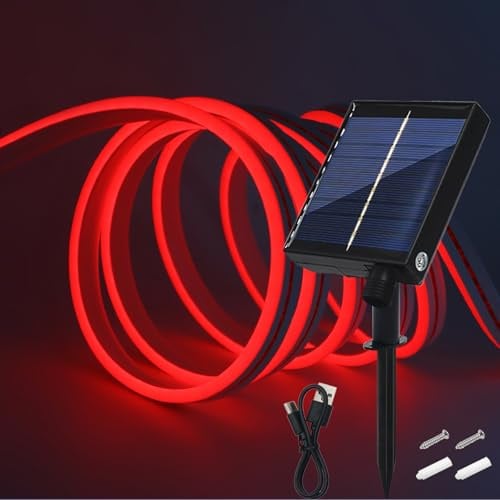 Wisada 24V Solar Neon Band,Solarbetriebene 8 Modi SMD2835 LED Stripe,Cuttable 5cm,120LEDs/m Flex Neon LED Streifen für Terrasse, Innenhof(Rot,1m)