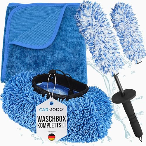 CARMODO® Waschbox Set - Premium Waschbürstenüberzug - 70x50cm saugstarkes Trockentuch - Mikrofaser Felgenbürste extra dünn + 2X Überzüge - für eine schonende Wäsche ohne Kratzer - Auto Reinigungsset