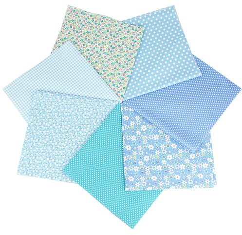 KLVGTIFS 7 Stück 100% Baumwollstoff 50 x 50 cm Stoffe zum Nähen Patchwork | Baumwolle Material Designstoff Verschiedene Designs DIY Stoff zum Basteln Quilten Puppenkleidung Dekoration, Blau