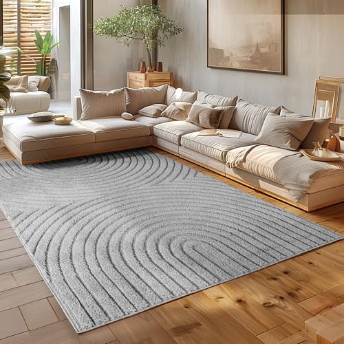 HomebyHome Wohnzimmer Teppich 240x340 cm Grau XL Hochflor Skandi Boho Design Hoch-Tief Effekt Weicher Shaggy Langflor Flauschig Robust Pflegeleicht Modern für Schlafzimmer