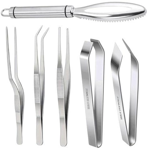 PjuQow 6-Teilige Grätenzangen Set, Grätenpinzette Für Fisch, Küchenpinzette Edelstahl, Fischgrätenzange Und Fleischnadel, Ideal Zum Entfernen Von Gräten In Der Küche