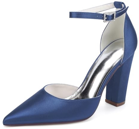 LRMYMHY Chaussures De Mariage en Satin À Bretelles De Cheville pour Femmes Talons À Talons Blocs Talons De Mariée À Bout Pointu,Marine,40 EU