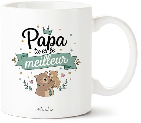 Manahia - Mug Papa tu es le meilleur - Cadeau Fête des Pères | Tasse super papa ours - Idée originale, anniversaire, Noël, bonne fête papa - Boîte cadeau kraft - Imprimée en France