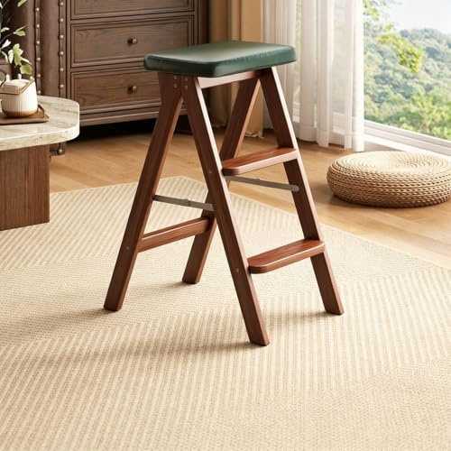 RASJCGRCOA 2 in 1 Folding Ladder Chair, Solid Wood Step Stool for Kitchen & Library, Convertible Library Ladder Stool for Adults, Space Saving Portable Household Step Ladder(Dark Green)