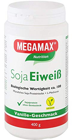 MEGAMAX Soja Eiweiß Vanille 400 g + Taurin + L-Methionin Vanille 400 g Glutenfrei | Sojaeiweiß-Isolat Low Carb | pflanzliches Eiweiss Veganes Protein für Muskelaufbau und Muskelerhalt
