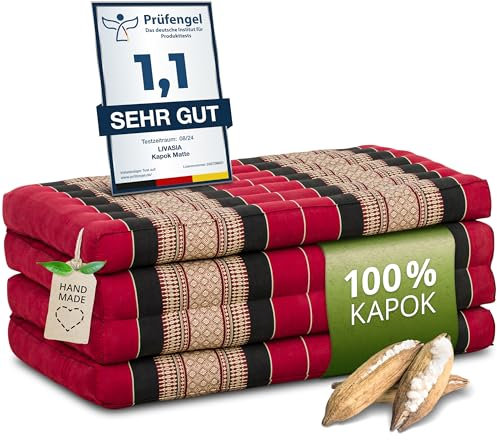 Nachhaltige Klappmatratze aus Kapok - 200x80x8cm - Gästematratze, Faltbare Matratze für Van, ökologische Yogamatte, klappbares Gästebett, Liege für Garten und Balkon (Rot/Schwarz)