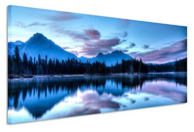 150x50cm Leinwandbild auf Keilrahmen Kanada See Wald Berge Sonnenaufgang Wandbild auf Leinwand als Panorama