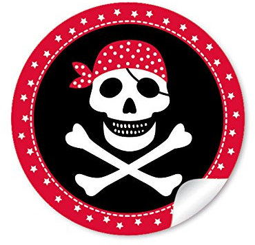 24 STICKER: 24 Geschenkaufkleber PIRAT mit Totenkopf (A4 Bogen) in Rot/Schwarz Kindergeburtstag für ein Junge • Papieraufkleber/Sticker/Aufkleber/Etiketten (Format 4 cm, rund, matt)