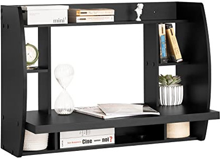 SoBuy FWT18-SCH, Wall-mounted Table Desk with Storage Shelves and Drawers, Home Office Computer Desk Workstation, Black