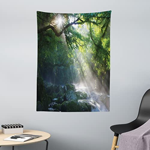 ABAKUHAUS Regenwald Wandteppich, Stream in The Jungle Stones Under Shadows of Trees Sun Rays Mother Earth Theme, aus Weiches Mikrofaser Stoff Wand Dekoration Für Schlafzimmer, 110 x 150 cm, Grün Weiß
