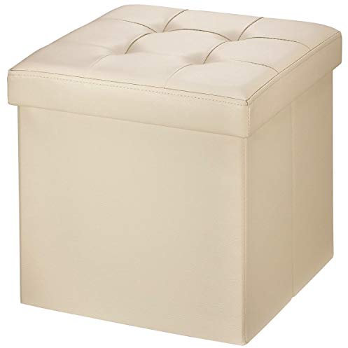 BRIAN & DANY Folding Storage Ottoman, Faux Leather Cube Foot Stool with Storage, Ottoman Box with Highly Elastic Sponge Filling, Beige, 38 x 38 x 38 cm