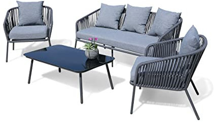 GRASEKAMP Qualität seit 1972 Lounge Sitzgruppe 4 teilig mit dicken Kissen Grau Coffee Set Arezzo Aluminium Loungeset Garten Sitzgruppe Loungemöbel