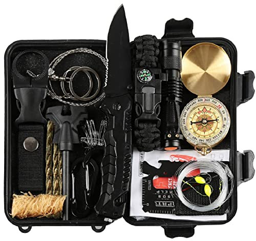Lixada Kit de Survie d'urgence, 27 en 1 Multifunctional Survival KIT de Survie et de Secours en Plein air Multi-Outils extérieur Fournitures de Premiers Soins pour Le Camping Randonnée Pêche