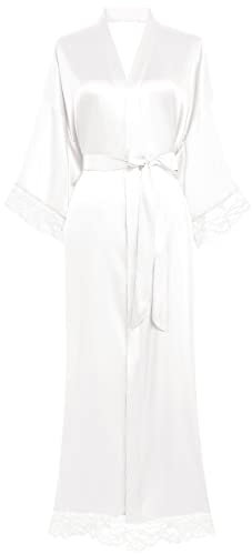 BABEYOND Damen Morgenmantel Lang Kurz Einfarbiger Bademantel Spitzen Ärmel Seide Satin Kimono Kleid Damen Sommer Robe Reine Farbe Schlafmantel (Lang - Weiß)