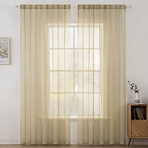 MIULEE Voile Vorhang Transparente Gardine aus Voile Einfarbig Stangendurchzug Transparent Wohnzimmer Luftig Dekoschal für Schlafzimmer 2er Set 215 x 140cm (H x B), Rod Pocket Hellbraun