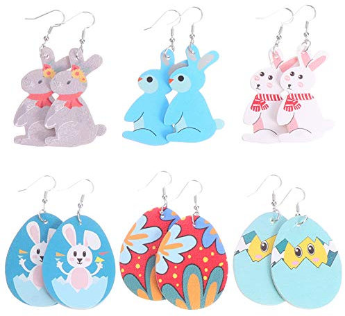 Amosfun 6 Paar Ostern Kunstleder Ohrringe Leichte Träne Osterei Hase Baumeln Ohrringe für Frauen Mädchen Party Favorisieren Festival Dressup Schmuck