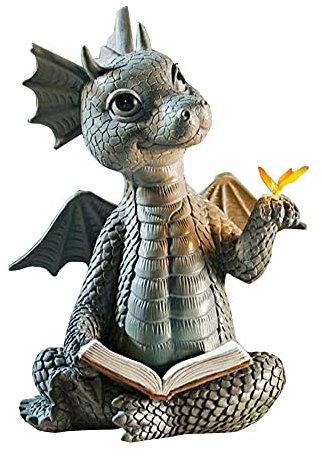 Dragon Lecture Livre Statue Dinosaure Tenant des Figurines de Papillon Art résine Sculpture extérieur Jardin décor Maison Bureau Ornement