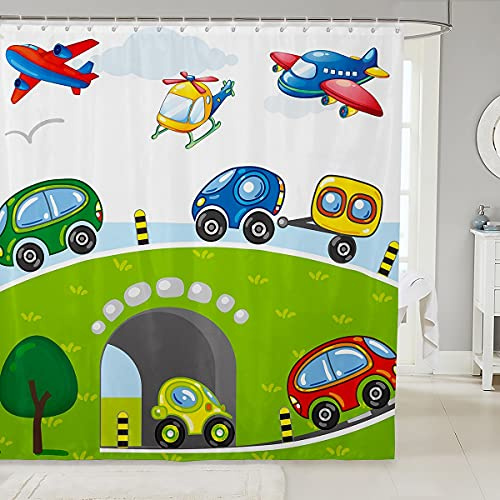 Homewish Kinder Auto Duschvorhang 180x200 (BxL) Cartoon Autos Badevorhang Für Kinderzimmer Jungen Kinder Nettes Fahrzeug Automobil Badezimmer Vorhang Bunte Hubschrauber Vorhang Sets Mit 12 Haken