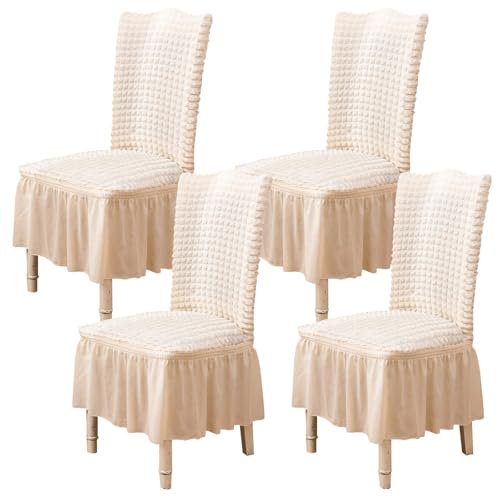 Qubjus Stuhlabdeckungen für Esszimmer Satz von 4 Stretch Stuhl Slipcover mit Rock abnehmbar waschbar Küche Stuhl Protector Cover Set für Haus, Party, Hochzeit(Off-weiß, 4Stück)