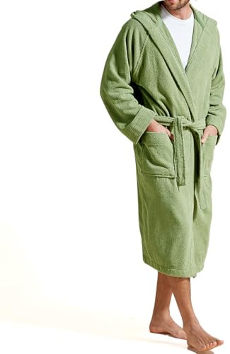 Christy Brixton Hooded Bath Robe | Stylish Textured Weave | Durable Tactile Design | Sustainably Manufactured | Men's Bathrobe | 100% Cotton Dressing Gown | Size Small | Khaki Colour