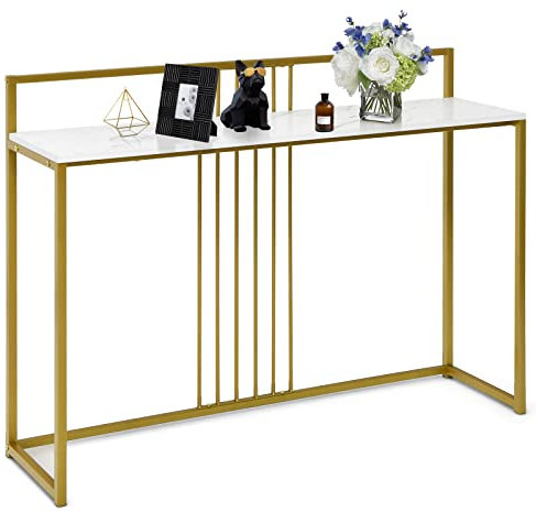 GOPLUS Table de Console Cadre en Métal Doré avec Faux Marbre en Table, Bout de Canapé au Style Moderne avec 6 Barres de Support, Table d'Appoint pour Entrée, Couloir, Salon, Chambre à Coucher