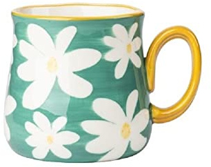 FülleMore Kaffeetasse Kaffeebecher aus Porzellan 450ml große Teetasse Blumenmuster Becher mit Henkel für Kaffee, Tee Milch, Kakao,Cappuccino,Saft (Blaugrün)