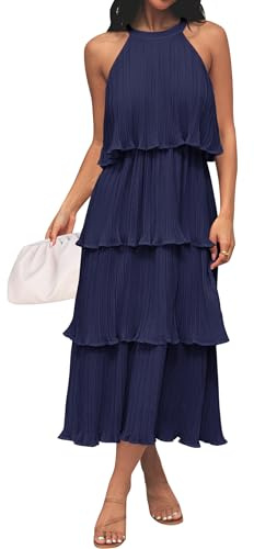 ZESICA Women's 2025 Summer Sleeveless Halter Neck Ruffle Tiered Layed Chiffon Flowy Swing Long Midi Dress,Navy,Medium