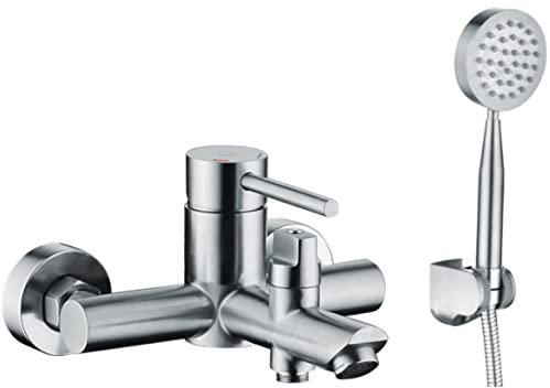 DURO Brausebatterie Acero, für die Badewanne, Wandmontiert, aus Gebürstetem Edelstahl, Wassersparend, Einhebel-Zweiloch-Wandbatterie mit Festem Auslauf, Komplett mit Handbrause, Durchflussklasse S