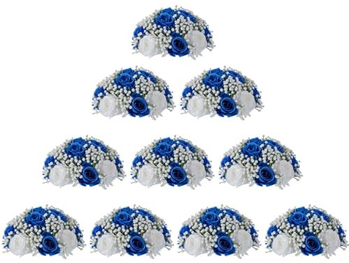 Blosmon Kunstblumen Rosen Schleierkraut Blumenstrauß: 10 Stück Royalblau Künstliche Rose Gypsophila Seiden Blumen Blumenkugel für Hochzeitsdeko Party Tafelaufsätze Dekoration Tisch Zuhause Zimmer Deko