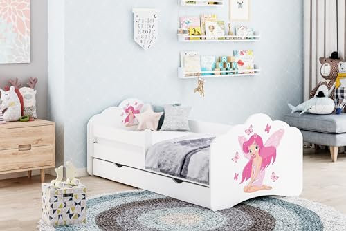 Happy Babies MOBI - Kinderbett 160 x 80 | Kinderbett mit Rausfallschutz & Bettkasten | Jugendbett mit farbigem Aufkleber | Kinderbett mit Matratze 80x160 | Kinder-Bett für Mädchen & Jungen WIESS (M04)