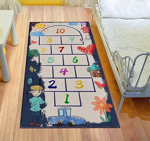 Kyhlten Kinderteppich Kinder Hopscotch Hüpfspiel Teppich Kinderzimmer, Spielmatte Spielteppich 80x160 cm für Jungen Mädchen Kleinkinder, Pflegeleicht rutschfest Waschbar Bodenspielmatte Babyteppich