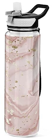 Rose Gold Glitter Marble Water Bottle 1L with Straw, Leakproof BPA Free Tritan Drink Bottle, Sport Water Bottle for Men Women Kids