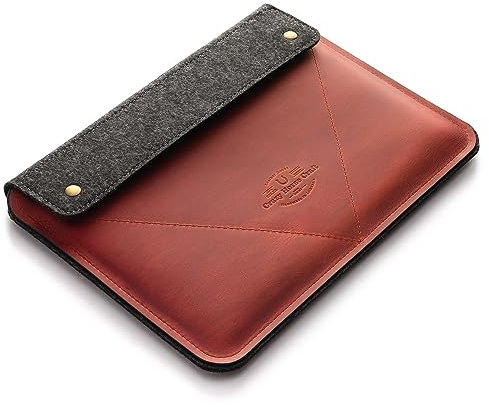 Crazy Horse Craft Genuine Italian Leather Sleeve for MacBook Pro 14 inch with M1 / M2 - Fragola Red - Vintage Wool Felt Case, Cover, Mac Laptop Bag