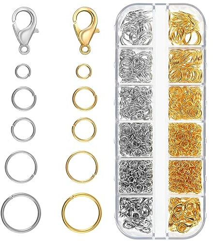WLLHYF 1100PCS Jump Rings 40PCS Lobster Clasps Jewelry Findings Kit Broken Bracelet Necklace Rings Repair Set Earring Loops Jewelry Making Supplies Assorted Sizes Gold Silver