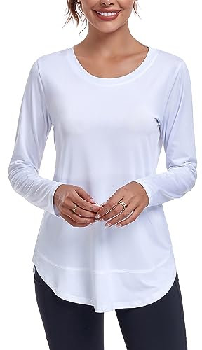 Deaviya Womens Long Sleeve Sports Tops UK, Sport Yoga T-Shirt Workout Running Tops, Crew Neck Quick Dry Golf Activewear Ladies Gym Sports Top, L,White