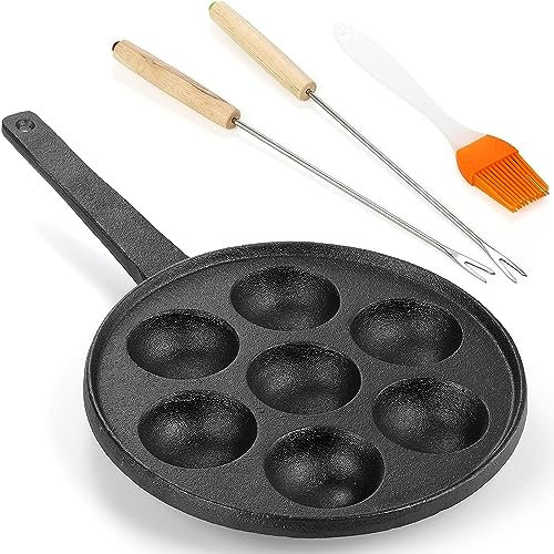 WUWEOT Cast Iron Aebleskiver Pan, 5cm Poffertjes Danish Pancake Balls Griddle, 7 Hole Heavy Duty NonStick Ebelskiver Pan, Half Sphere Takoyaki Maker with Turn Sticks and Brush for Baking Cooking