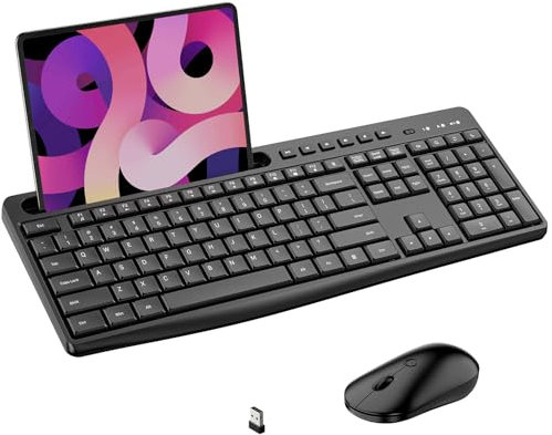Acebaff Combo de teclado y mouse inalámbrico, 2.4G, silencioso, teclado inalámbrico con soporte para tablet de teléfono, 11 teclas de acceso directo, mouse USB inalámbrico y teclado para computadora,