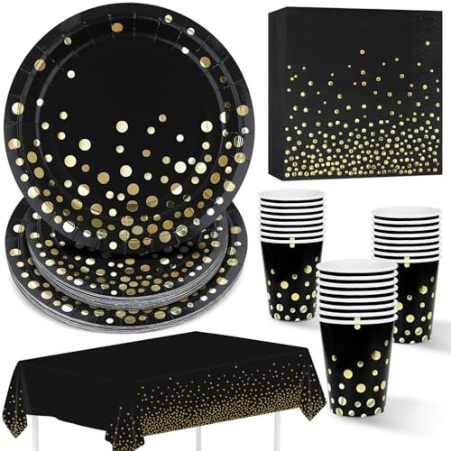 Schwarz Gold Partygeschirr 97 Stück Pappteller, Servietten, Pappbecher, Tischdecken, Goldfolie Gepunket Partyteller Set zum Abschlussfeier, Jubiläums, Brautparty, Einweihungsfeier, Taufe
