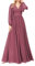 Damen V-Ausschnitt Chiffon Brautjungfer Kleider Langarm Geraffte A Linie Formale Abendkleid, Desert Rose, 56