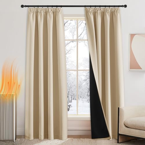 PONY DANCE Lichtundurchlässige Gardinen Beige 2er Set H 245 x B 140 cm Verdunkelungsvorhang mit Kräuselband für Schienensystem Schwere Vorhänge gegen Hitze Thermogardinen, Biscotti Beige