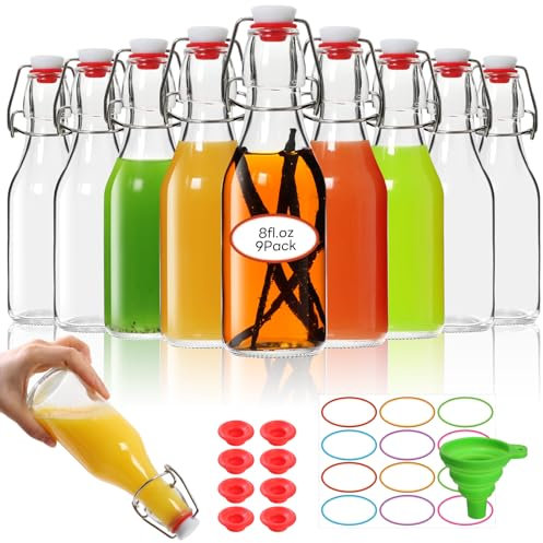 AuroTrends Botellas de vidrio con tapa abatible de 8 onzas, paquete de 9, botellas de vidrio con tapa hermética para botellas de extracto de vainilla, cerveza casera, bebidas, aceite (8 onzas