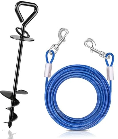 Dog Lead Stake Heavy Duty with Dog Tie Out Cable, Dog Ground Anchor for Large Dogs,Dog Stake for Camping Outdoor Yard Dog Ground Spike Dog Tethering Stake and Lead (10ft (3m))