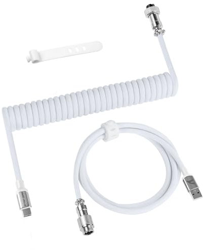 ATTACK SHARK C01 PRO Coiled Keyboard Cable, Custom Coiled USB C Cable for Mechanical Gaming Keyboard,Type-C to USB-A Metal Aviator Cable,Double-Sleeved Braided Charging Keyboard Cable for Mac,PC-White