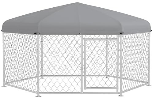 PawHut Perrera de Exterior Hexagonal Jaula para Perros con Puerta Marco de Acero Galvanizado y Toldo Impermeable y Anti-UV 210x185x150 cm Plata