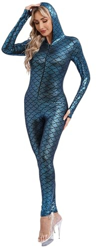 Agoky Damen Wetlook Jumpsuit Langarm Overall Meerjungfrau Print Ganzkörperanzug mit lange Hose Glänzend Catsuit Lack Leder Optik Clubwear