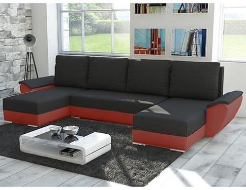 Easy4You Fly Schwarz/Rot Ecksofa U-Form 332 x 72 x 140 cm mit Schlaffunktion und Stauraum - Schlafsofa mit Bettkasten - Moderne Wohnzimmermöbel – Stoff: Mikrophase 15/34