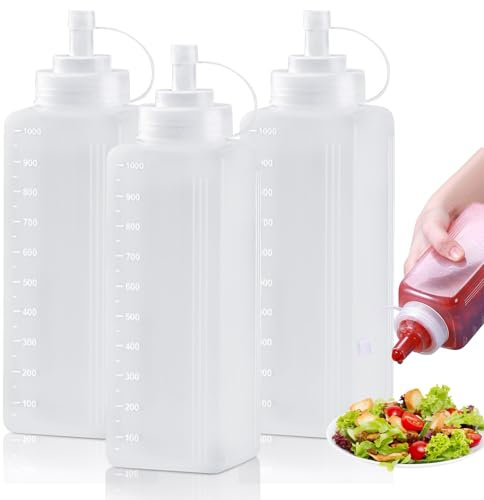 BORDEAG 3 Stück Squeeze Flasche, 1000ml Quetschflasche mit Kappen, Squeeze Condiment Flaschen, Dosierflasche Kunststoff, Leer Plastickflasche, Spritzflaschen für Ketchup Scharfe Soße Olivenöl (3)
