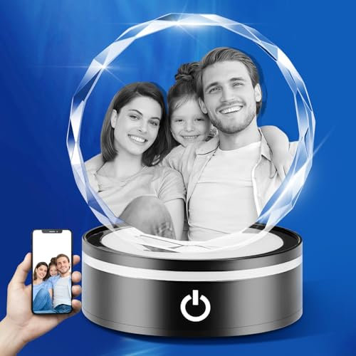 Customized Laser Engraved Crystal Photo, Personalized Round Crystal Picture with Colorful LED Light Base for Anniversary Christmas Birthday Mothers Day, Custom Glass Photo Frame for Men Women Mom Dad